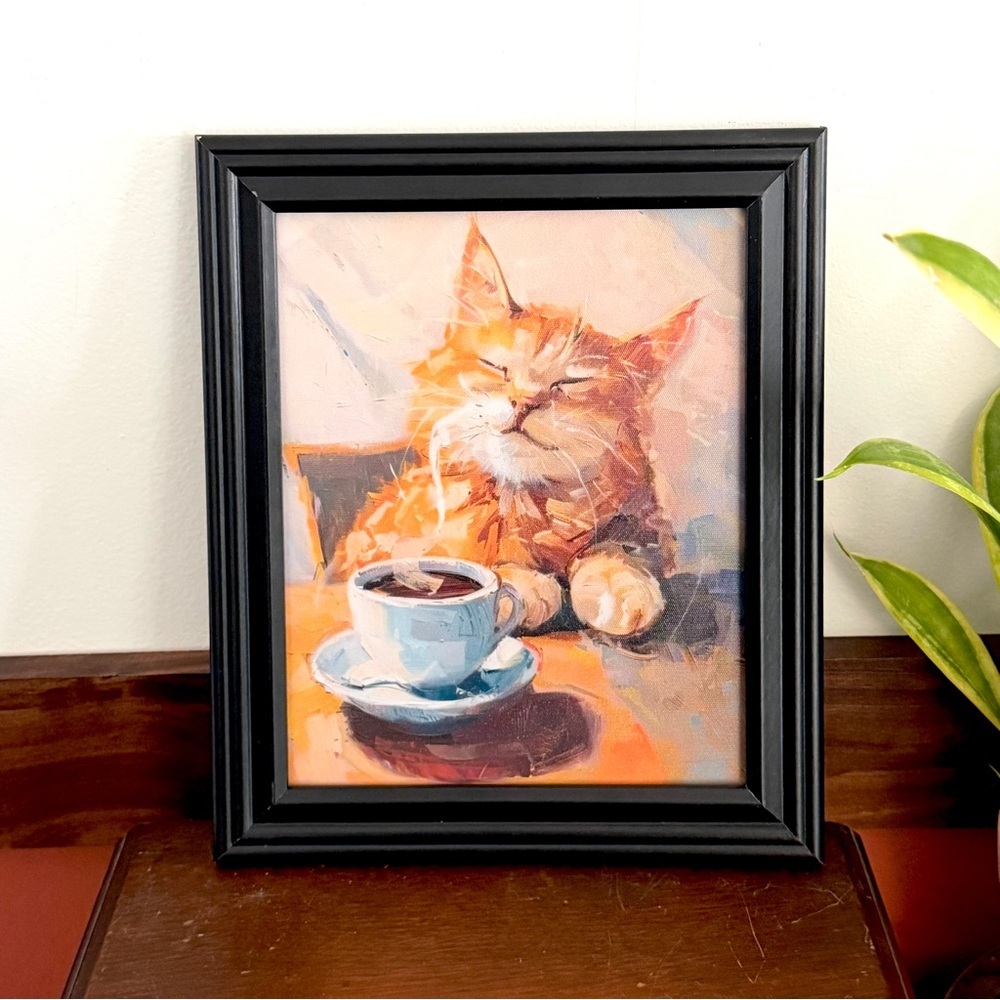 Fluffy Cat Drinking Coffee Canvas Art Print Black Framed Kitty Wall Hanging Art